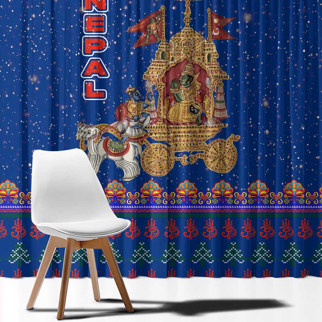 Nepal Christmas Window Curtain with Blue-Red Pattern, Hindu Chariot Scene, and Om Symbol Motif - Wonder Print Shop