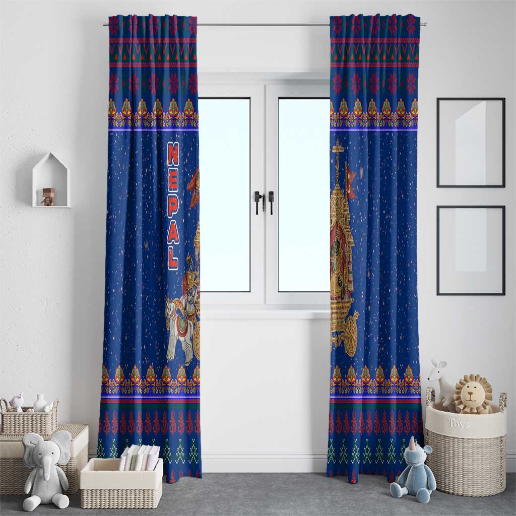 Nepal Christmas Window Curtain with Blue-Red Pattern, Hindu Chariot Scene, and Om Symbol Motif - Wonder Print Shop