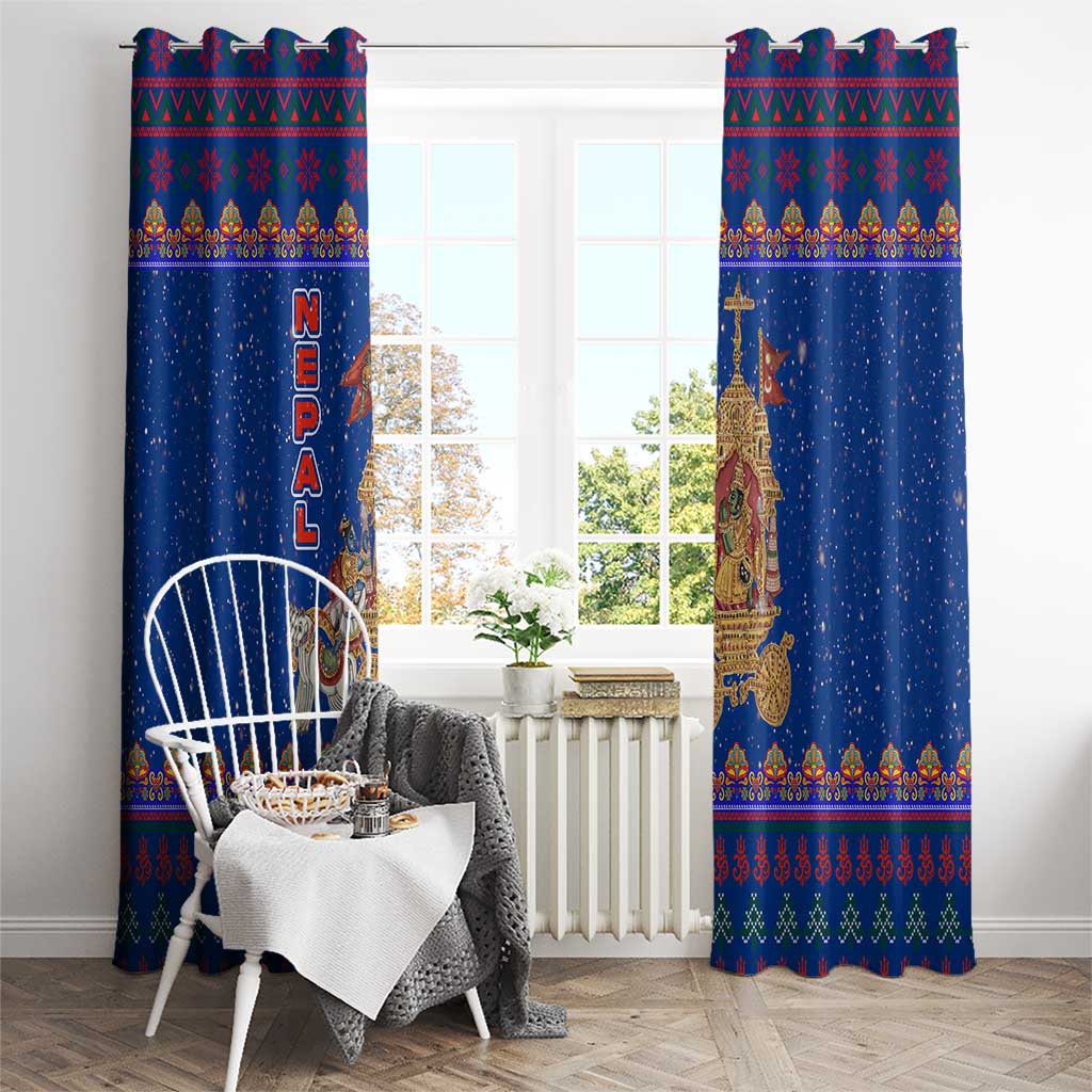 Nepal Christmas Window Curtain with Blue-Red Pattern, Hindu Chariot Scene, and Om Symbol Motif - Wonder Print Shop