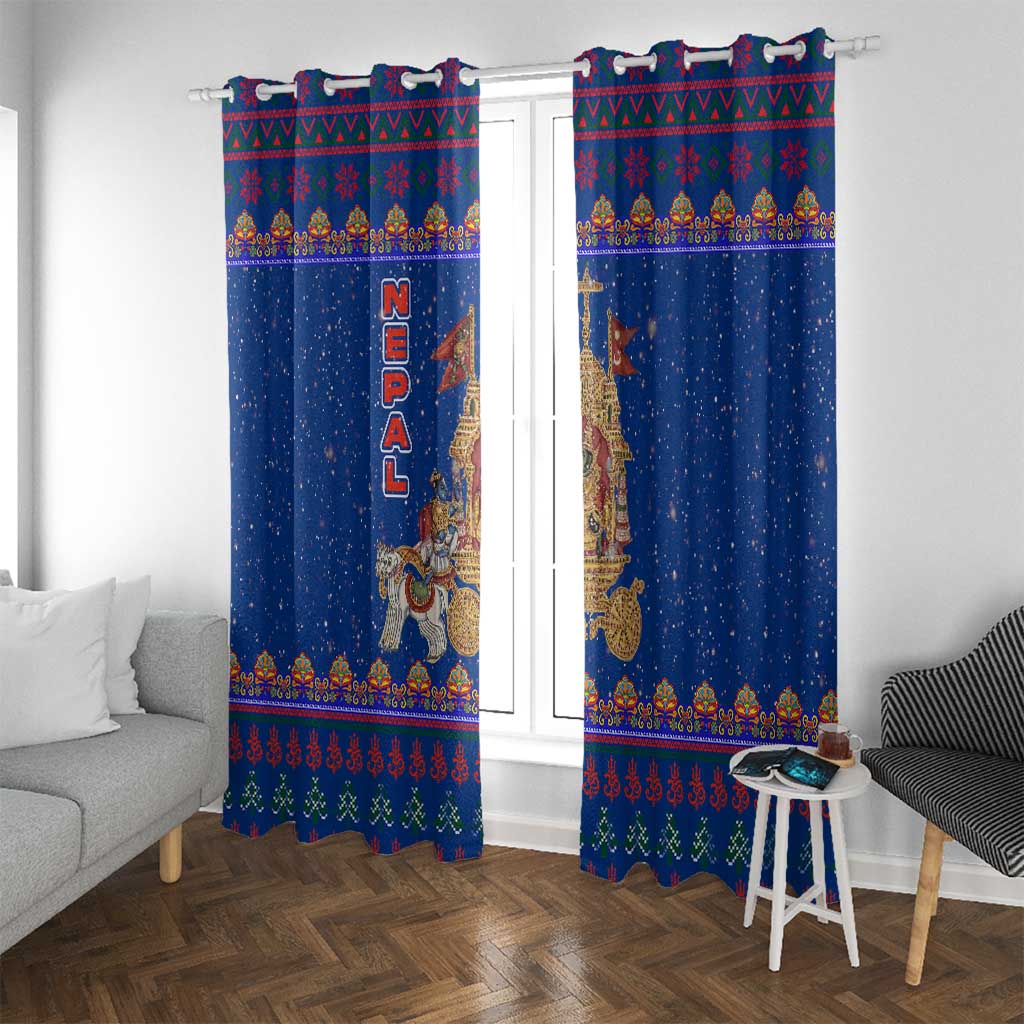 Nepal Christmas Window Curtain with Blue-Red Pattern, Hindu Chariot Scene, and Om Symbol Motif - Wonder Print Shop