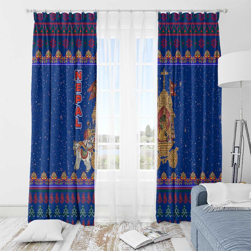 Nepal Christmas Window Curtain with Blue-Red Pattern, Hindu Chariot Scene, and Om Symbol Motif - Wonder Print Shop