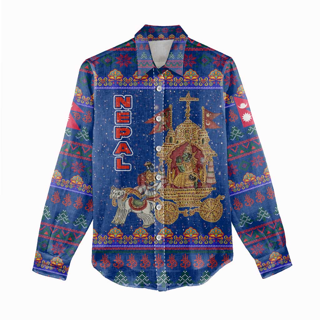 Nepal Christmas Women Casual Shirt with Blue-Red Pattern, Hindu Chariot Scene, and Om Symbol Motif - Wonder Print Shop