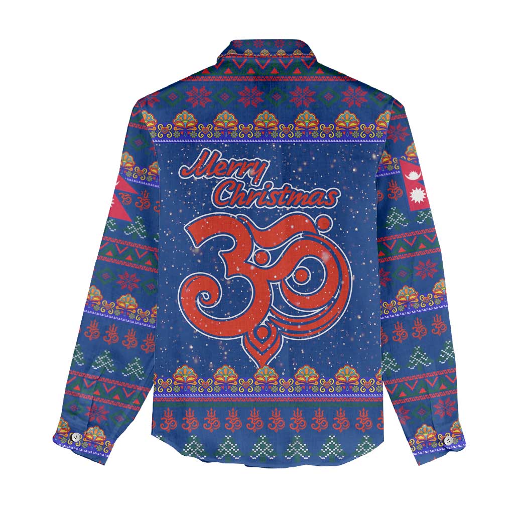 Nepal Christmas Women Casual Shirt with Blue-Red Pattern, Hindu Chariot Scene, and Om Symbol Motif - Wonder Print Shop