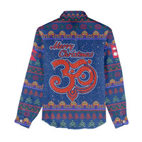 Nepal Christmas Women Casual Shirt with Blue-Red Pattern, Hindu Chariot Scene, and Om Symbol Motif - Wonder Print Shop