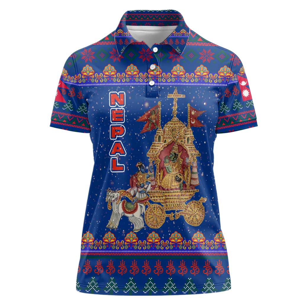 Nepal Christmas Women Polo Shirt with Blue-Red Pattern, Hindu Chariot Scene, and Om Symbol Motif - Wonder Print Shop