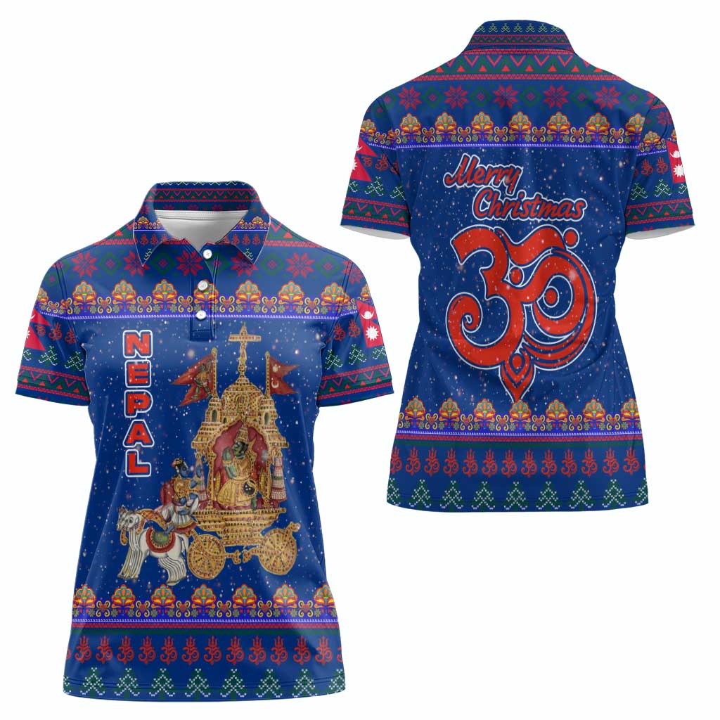 Nepal Christmas Women Polo Shirt with Blue-Red Pattern, Hindu Chariot Scene, and Om Symbol Motif - Wonder Print Shop