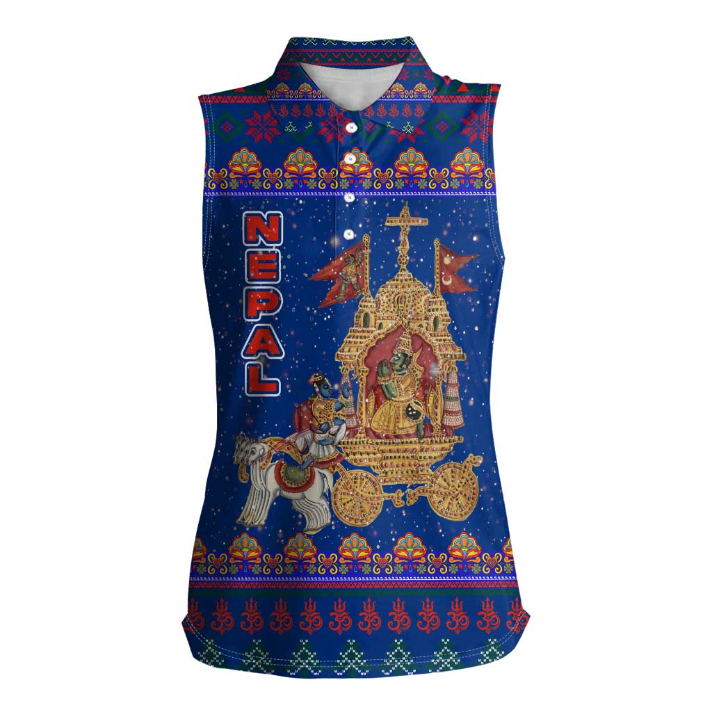 Nepal Christmas Women Sleeveless Polo Shirt with Blue-Red Pattern, Hindu Chariot Scene, and Om Symbol Motif - Wonder Print Shop