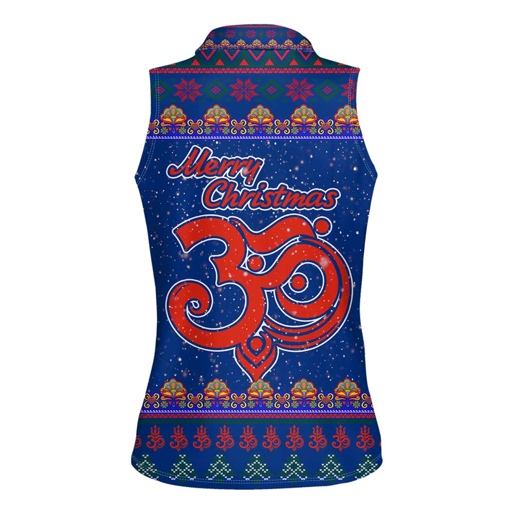 Nepal Christmas Women Sleeveless Polo Shirt with Blue-Red Pattern, Hindu Chariot Scene, and Om Symbol Motif - Wonder Print Shop