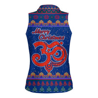 Nepal Christmas Women Sleeveless Polo Shirt with Blue-Red Pattern, Hindu Chariot Scene, and Om Symbol Motif - Wonder Print Shop