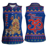 Nepal Christmas Women Sleeveless Polo Shirt with Blue-Red Pattern, Hindu Chariot Scene, and Om Symbol Motif - Wonder Print Shop