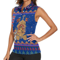Nepal Christmas Women Sleeveless Polo Shirt with Blue-Red Pattern, Hindu Chariot Scene, and Om Symbol Motif - Wonder Print Shop