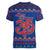 Nepal Christmas Women V-Neck T-Shirt with Blue-Red Pattern, Hindu Chariot Scene, and Om Symbol Motif - Wonder Print Shop