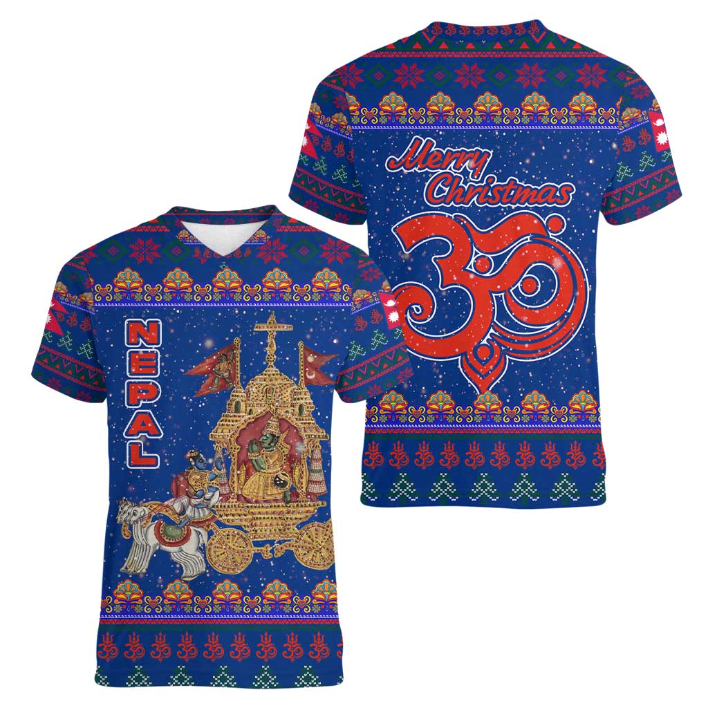 Nepal Christmas Women V-Neck T-Shirt with Blue-Red Pattern, Hindu Chariot Scene, and Om Symbol Motif - Wonder Print Shop