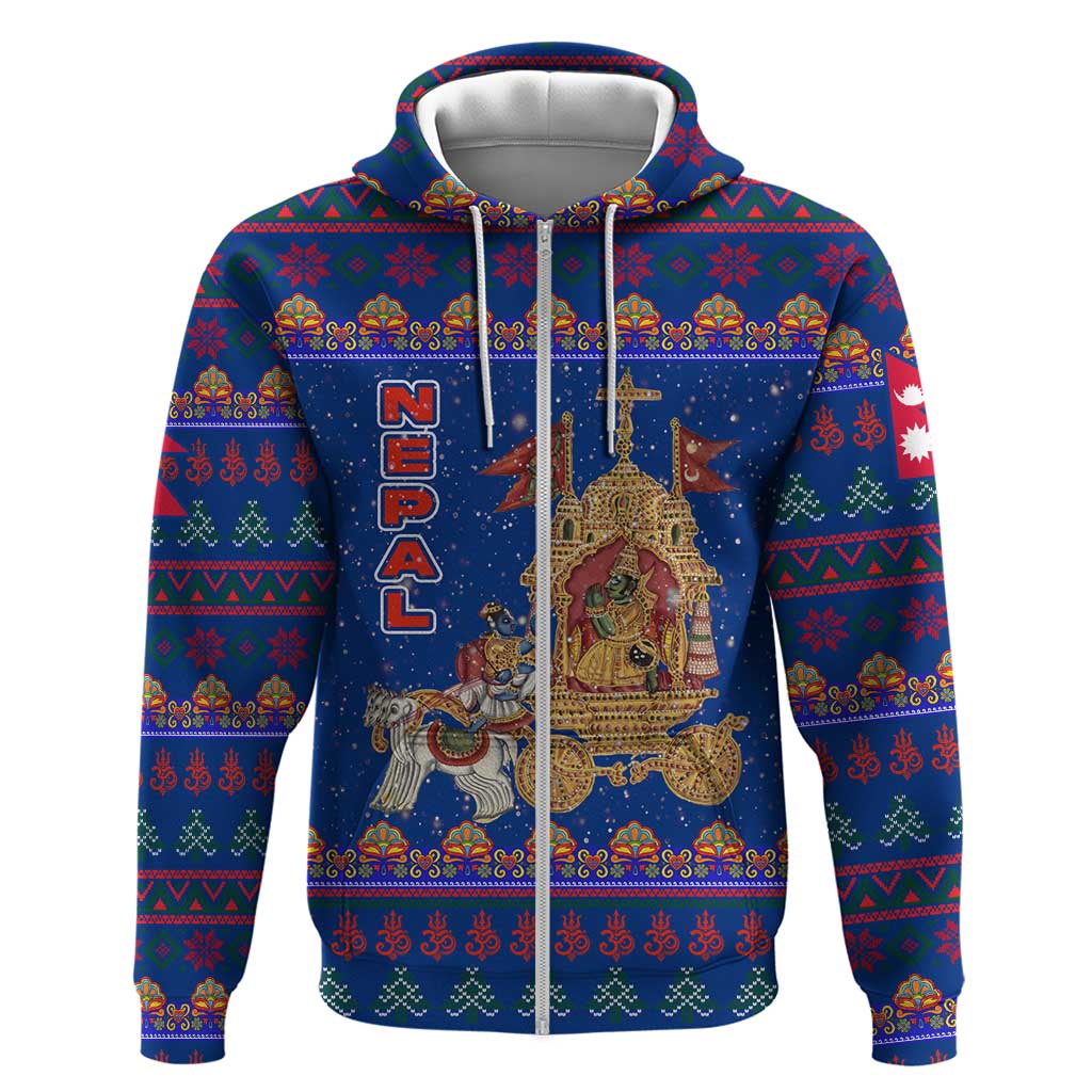 Nepal Christmas Zip Hoodie with Blue-Red Pattern, Hindu Chariot Scene, and Om Symbol Motif - Wonder Print Shop