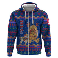 Nepal Christmas Zip Hoodie with Blue-Red Pattern, Hindu Chariot Scene, and Om Symbol Motif - Wonder Print Shop