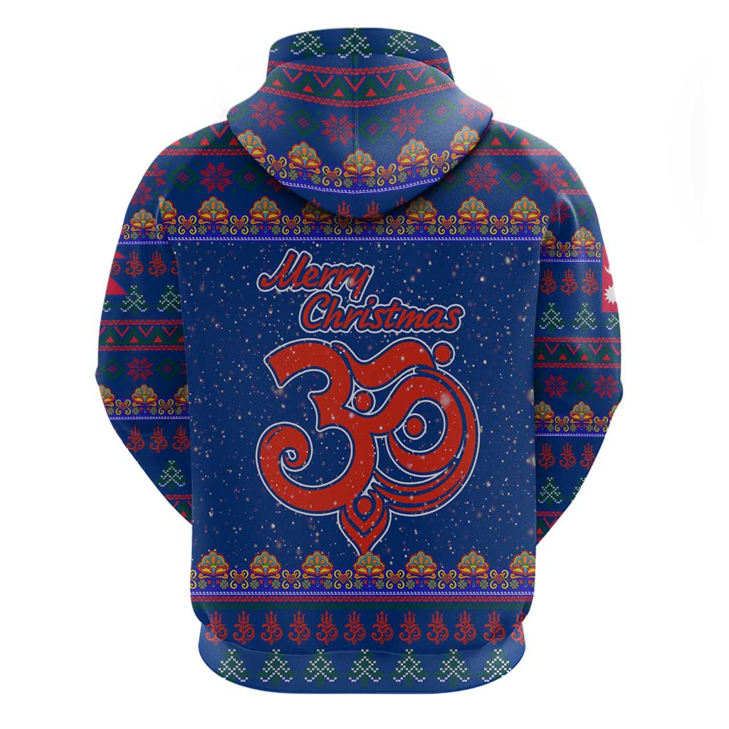 Nepal Christmas Zip Hoodie with Blue-Red Pattern, Hindu Chariot Scene, and Om Symbol Motif - Wonder Print Shop