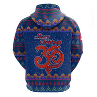 Nepal Christmas Zip Hoodie with Blue-Red Pattern, Hindu Chariot Scene, and Om Symbol Motif - Wonder Print Shop