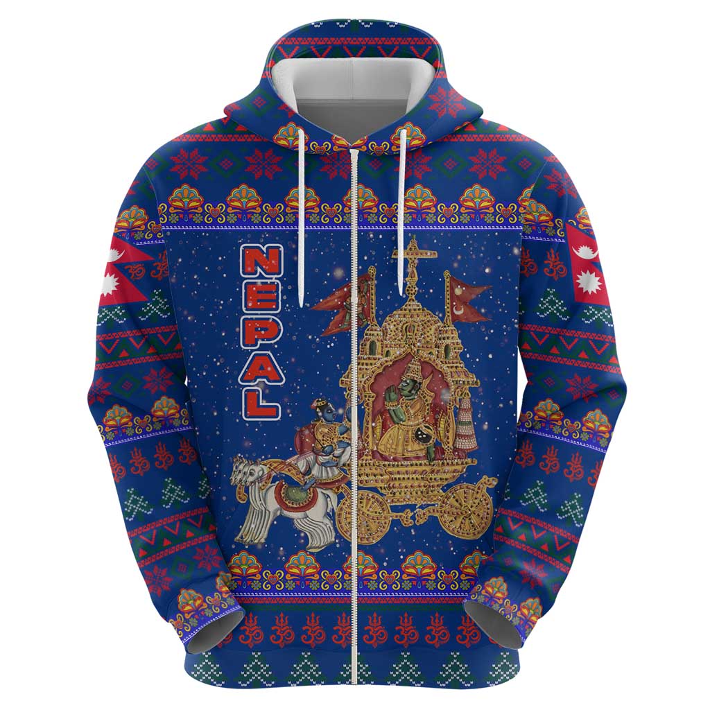 Nepal Christmas Zip Hoodie with Blue-Red Pattern, Hindu Chariot Scene, and Om Symbol Motif - Wonder Print Shop