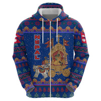 Nepal Christmas Zip Hoodie with Blue-Red Pattern, Hindu Chariot Scene, and Om Symbol Motif - Wonder Print Shop