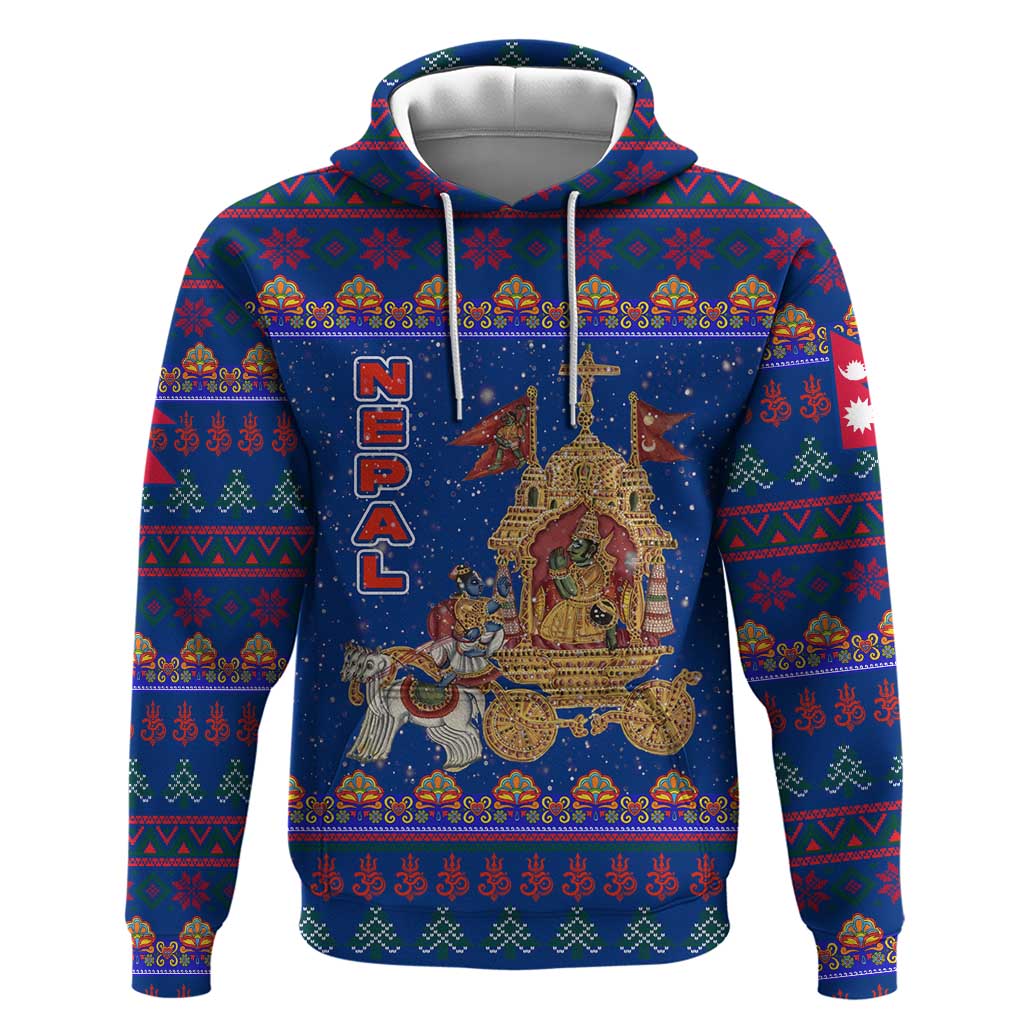 Nepal Christmas Zip Hoodie with Blue-Red Pattern, Hindu Chariot Scene, and Om Symbol Motif - Wonder Print Shop