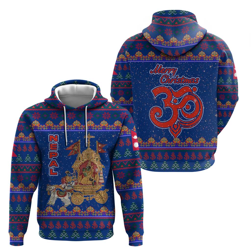 Nepal Christmas Zip Hoodie with Blue-Red Pattern, Hindu Chariot Scene, and Om Symbol Motif - Wonder Print Shop