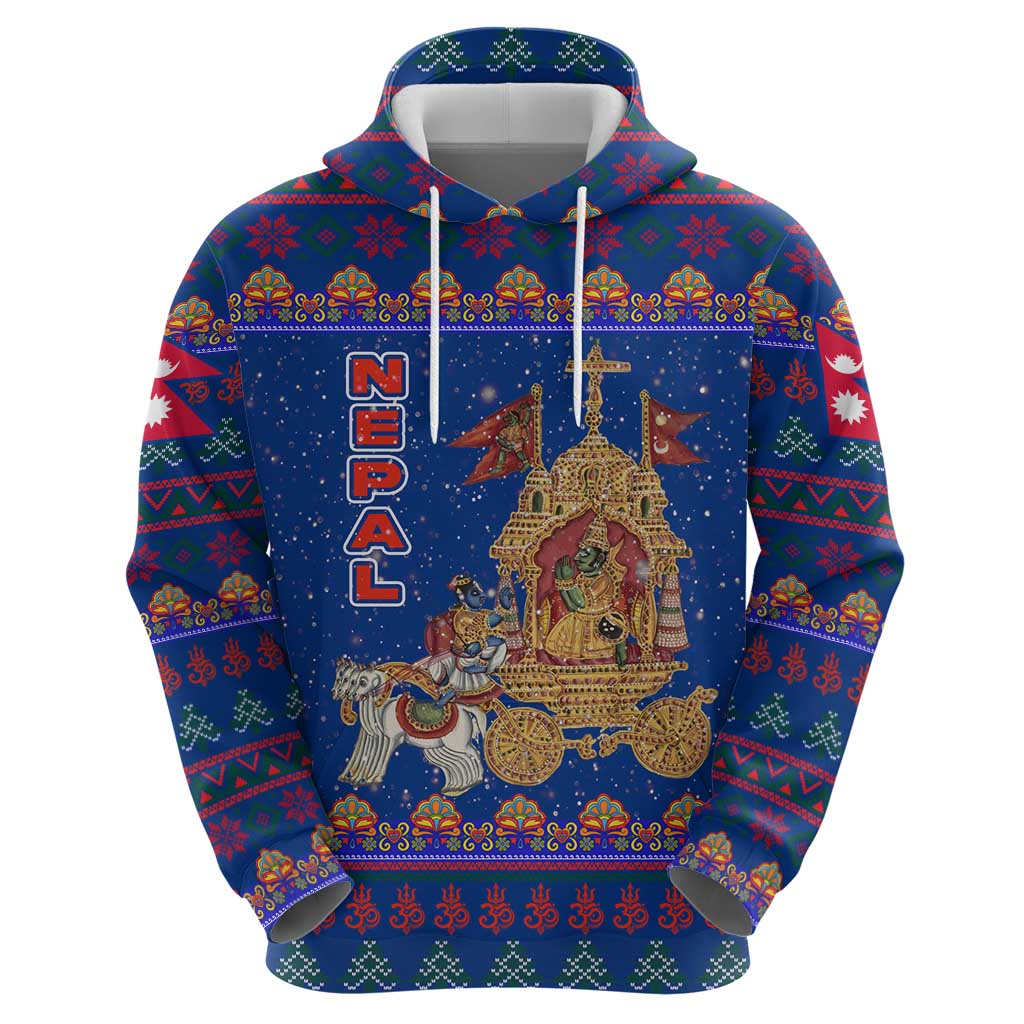 Nepal Christmas Zip Hoodie with Blue-Red Pattern, Hindu Chariot Scene, and Om Symbol Motif - Wonder Print Shop