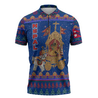 Nepal Christmas Zipper Polo Shirt with Blue-Red Pattern, Hindu Chariot Scene, and Om Symbol Motif - Wonder Print Shop