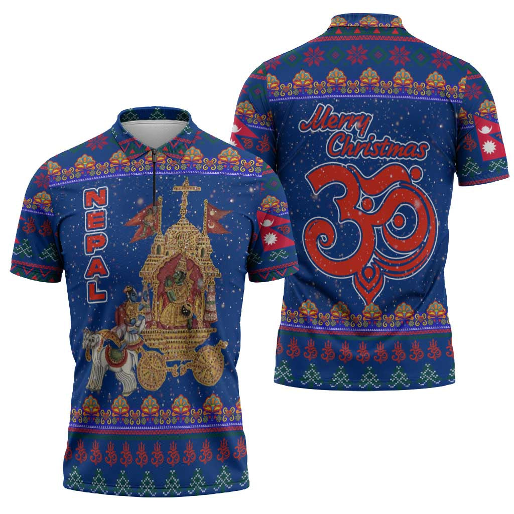 Nepal Christmas Zipper Polo Shirt with Blue-Red Pattern, Hindu Chariot Scene, and Om Symbol Motif - Wonder Print Shop