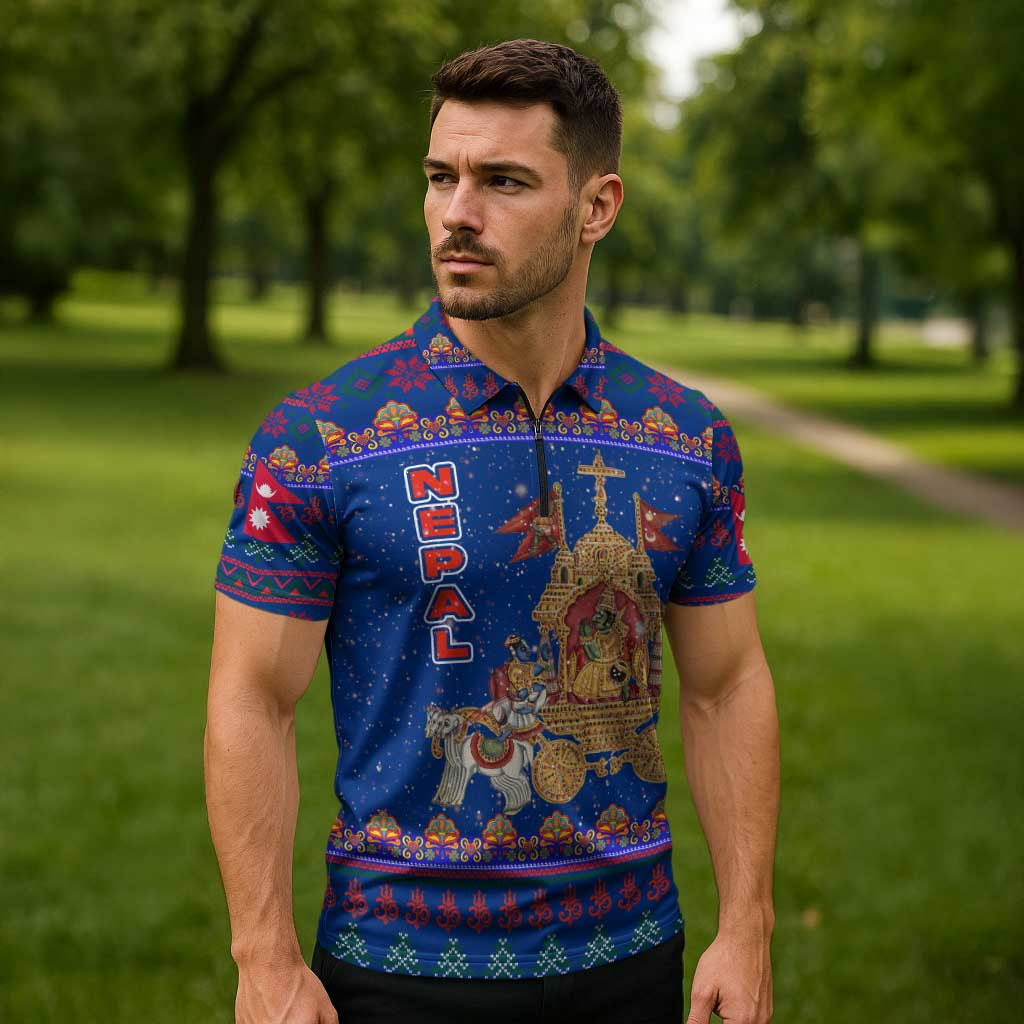 Nepal Christmas Zipper Polo Shirt with Blue-Red Pattern, Hindu Chariot Scene, and Om Symbol Motif - Wonder Print Shop