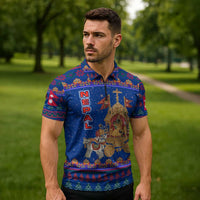 Nepal Christmas Zipper Polo Shirt with Blue-Red Pattern, Hindu Chariot Scene, and Om Symbol Motif - Wonder Print Shop