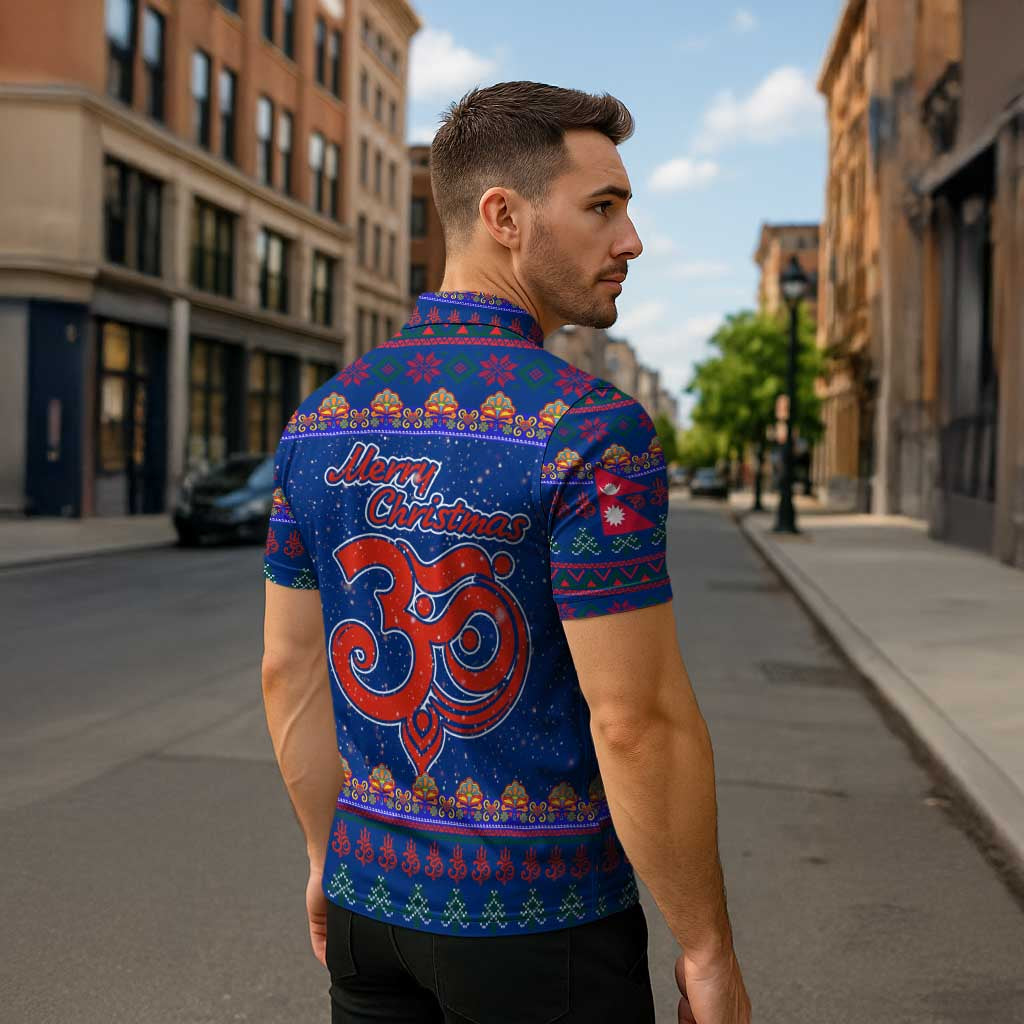 Nepal Christmas Zipper Polo Shirt with Blue-Red Pattern, Hindu Chariot Scene, and Om Symbol Motif - Wonder Print Shop