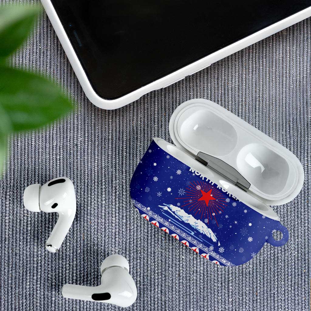 North Korea Christmas AirPods Case with Blue Pattern, Red Star, and Snowy Mountain Motif - Wonder Print Shop
