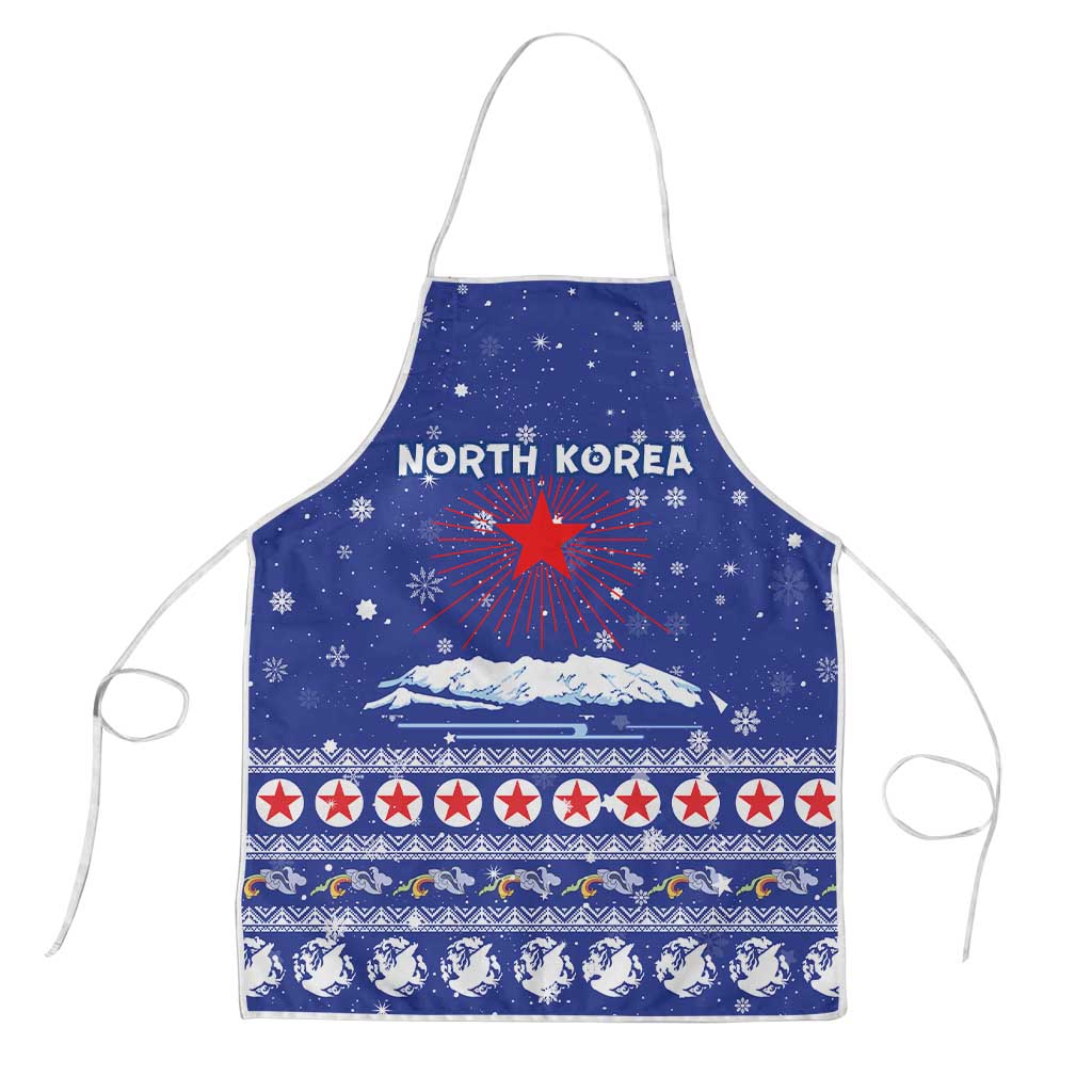 North Korea Christmas Apron with Blue Pattern, Red Star, and Snowy Mountain Motif - Wonder Print Shop