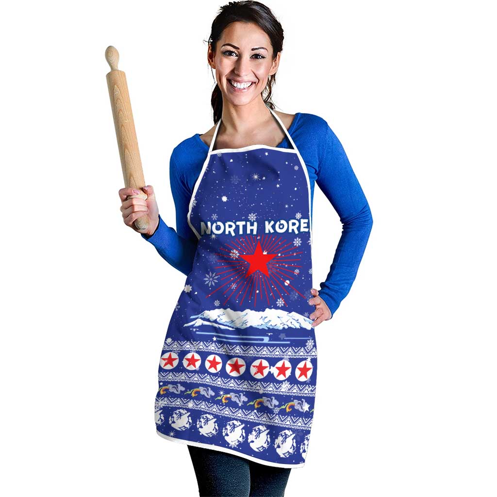 North Korea Christmas Apron with Blue Pattern, Red Star, and Snowy Mountain Motif - Wonder Print Shop