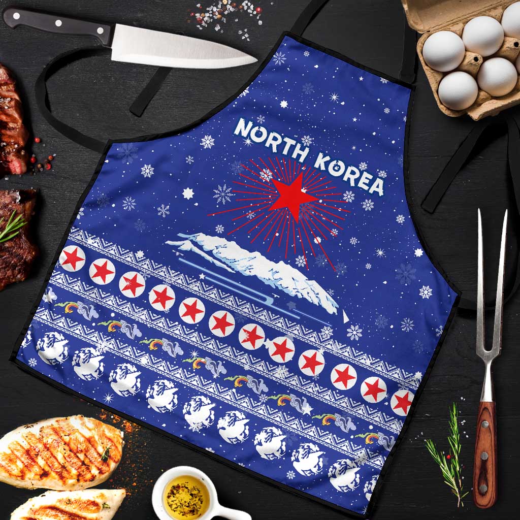 North Korea Christmas Apron with Blue Pattern, Red Star, and Snowy Mountain Motif - Wonder Print Shop