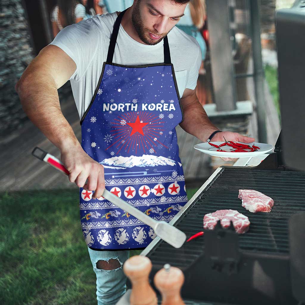 North Korea Christmas Apron with Blue Pattern, Red Star, and Snowy Mountain Motif - Wonder Print Shop