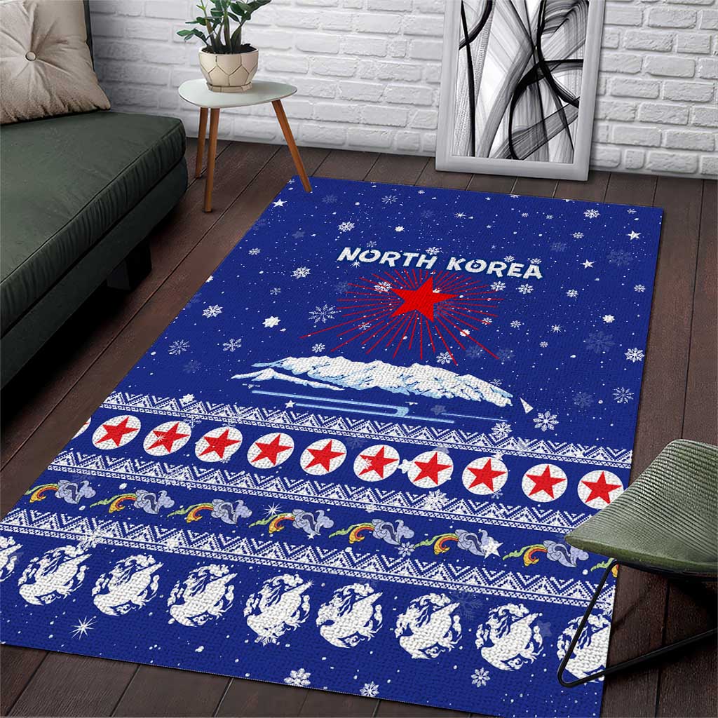 North Korea Christmas Area Rug with Blue Pattern, Red Star, and Snowy Mountain Motif - Wonder Print Shop