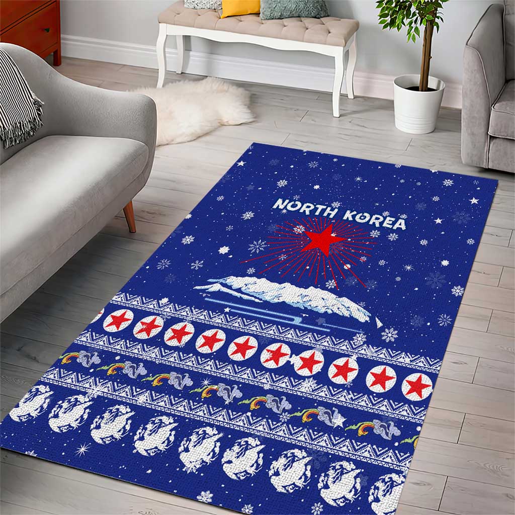North Korea Christmas Area Rug with Blue Pattern, Red Star, and Snowy Mountain Motif - Wonder Print Shop