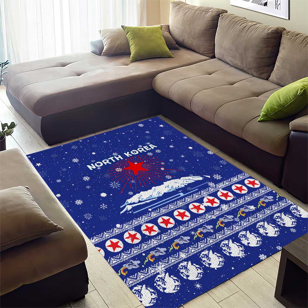 North Korea Christmas Area Rug with Blue Pattern, Red Star, and Snowy Mountain Motif - Wonder Print Shop