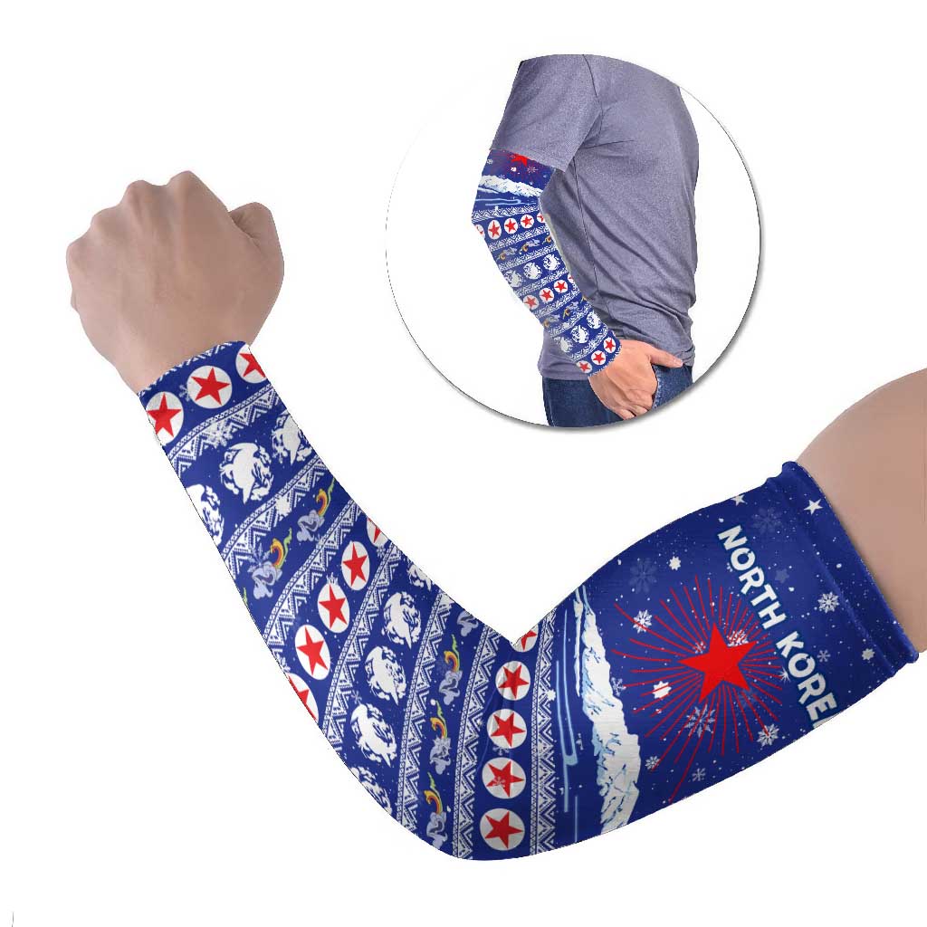 North Korea Christmas Arm Sleeves with Blue Pattern, Red Star, and Snowy Mountain Motif - Wonder Print Shop