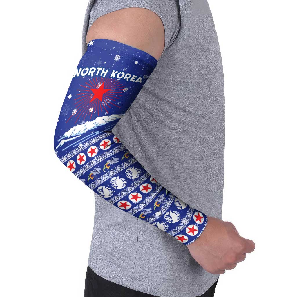 North Korea Christmas Arm Sleeves with Blue Pattern, Red Star, and Snowy Mountain Motif - Wonder Print Shop