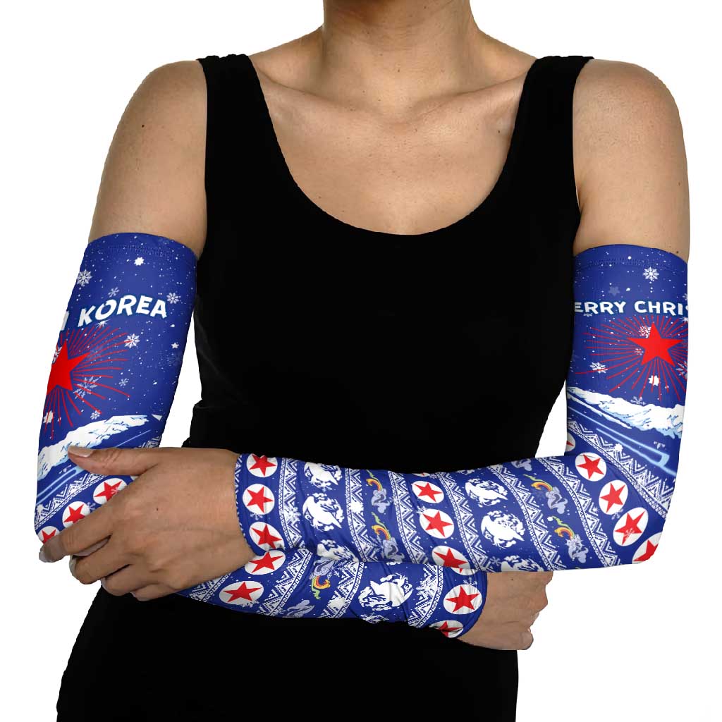North Korea Christmas Arm Sleeves with Blue Pattern, Red Star, and Snowy Mountain Motif - Wonder Print Shop