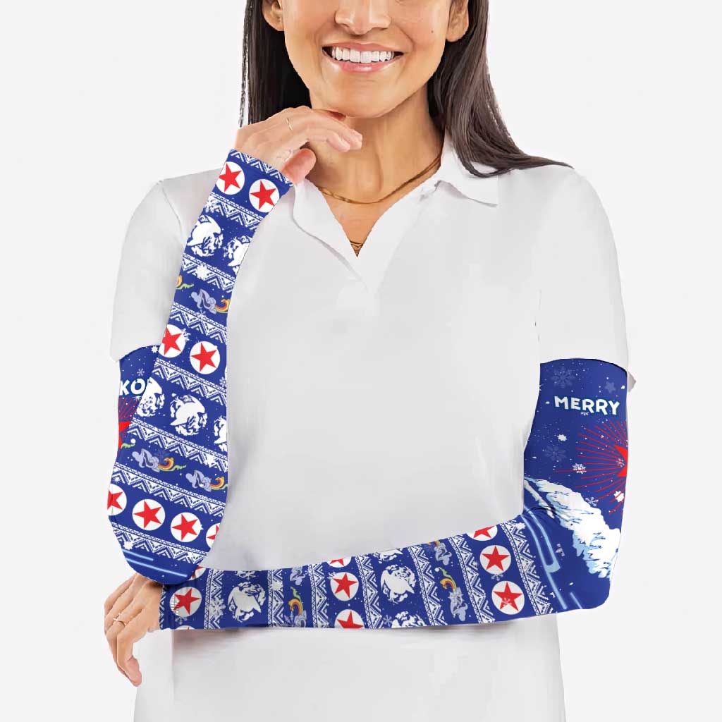 North Korea Christmas Arm Sleeves with Blue Pattern, Red Star, and Snowy Mountain Motif - Wonder Print Shop