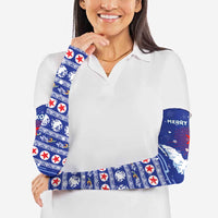 North Korea Christmas Arm Sleeves with Blue Pattern, Red Star, and Snowy Mountain Motif - Wonder Print Shop