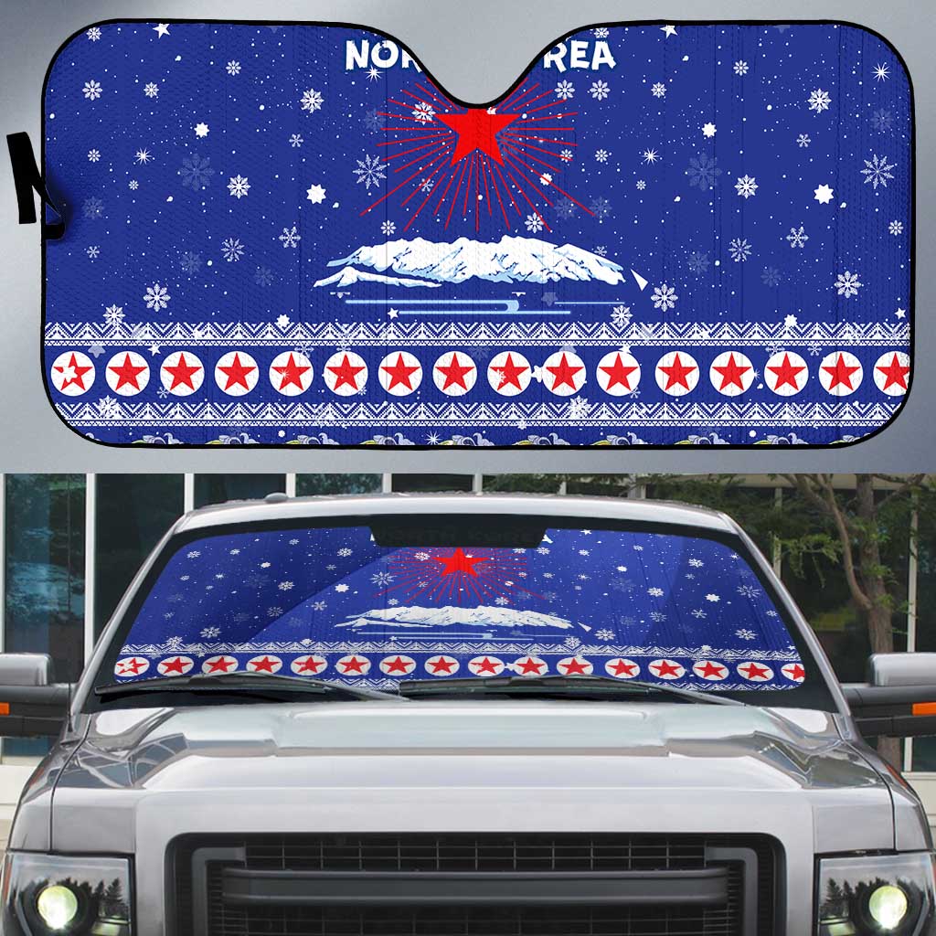 North Korea Christmas Auto Sun Shade with Blue Pattern, Red Star, and Snowy Mountain Motif - Wonder Print Shop