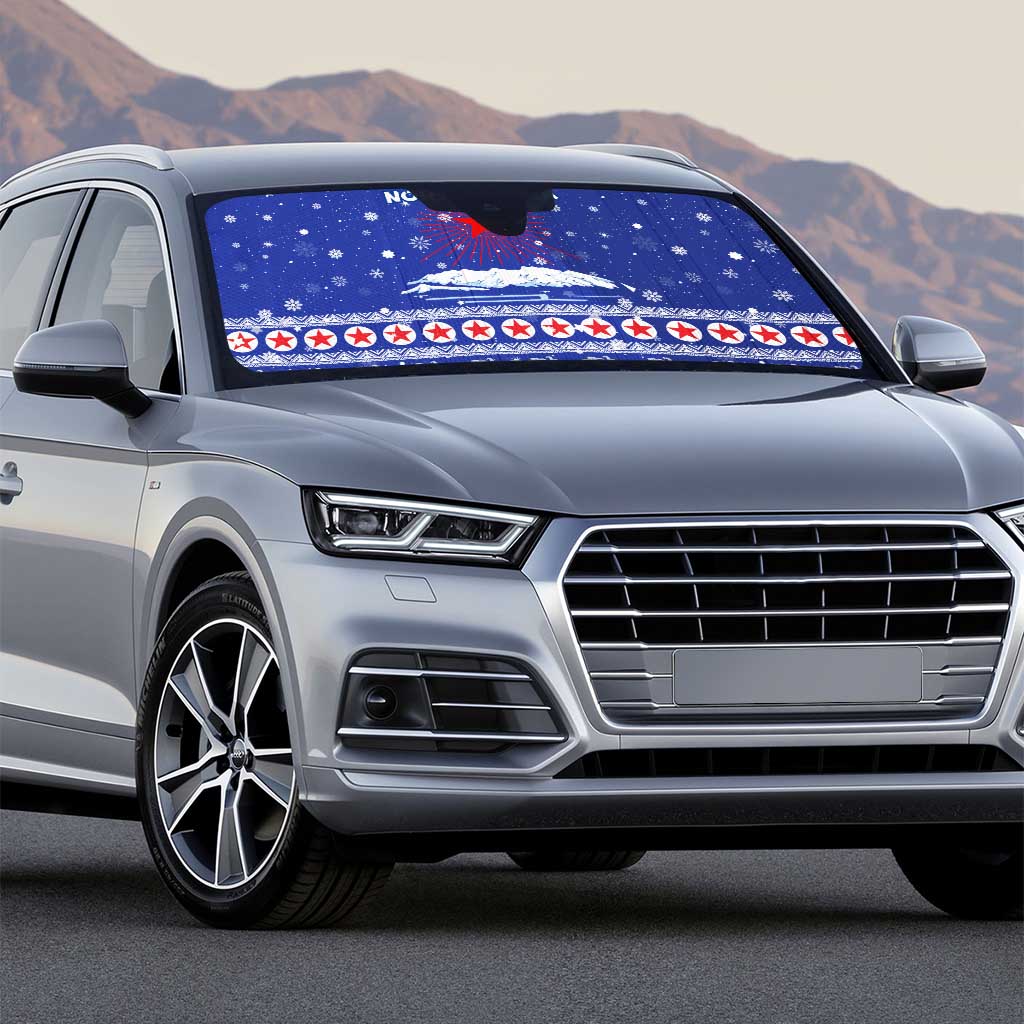 North Korea Christmas Auto Sun Shade with Blue Pattern, Red Star, and Snowy Mountain Motif - Wonder Print Shop
