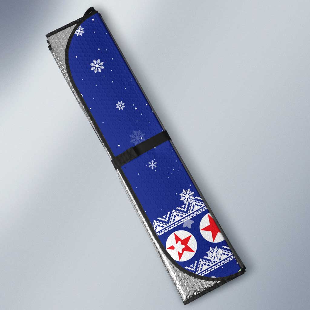 North Korea Christmas Auto Sun Shade with Blue Pattern, Red Star, and Snowy Mountain Motif - Wonder Print Shop