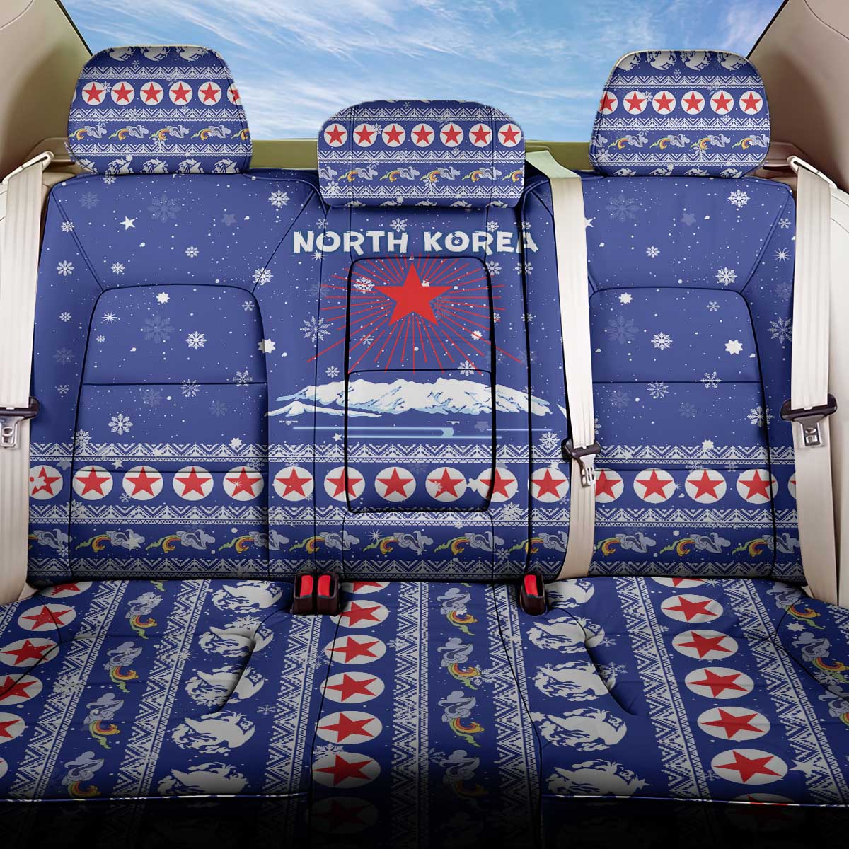North Korea Christmas Back Car Seat Cover with Blue Pattern, Red Star, and Snowy Mountain Motif - Wonder Print Shop