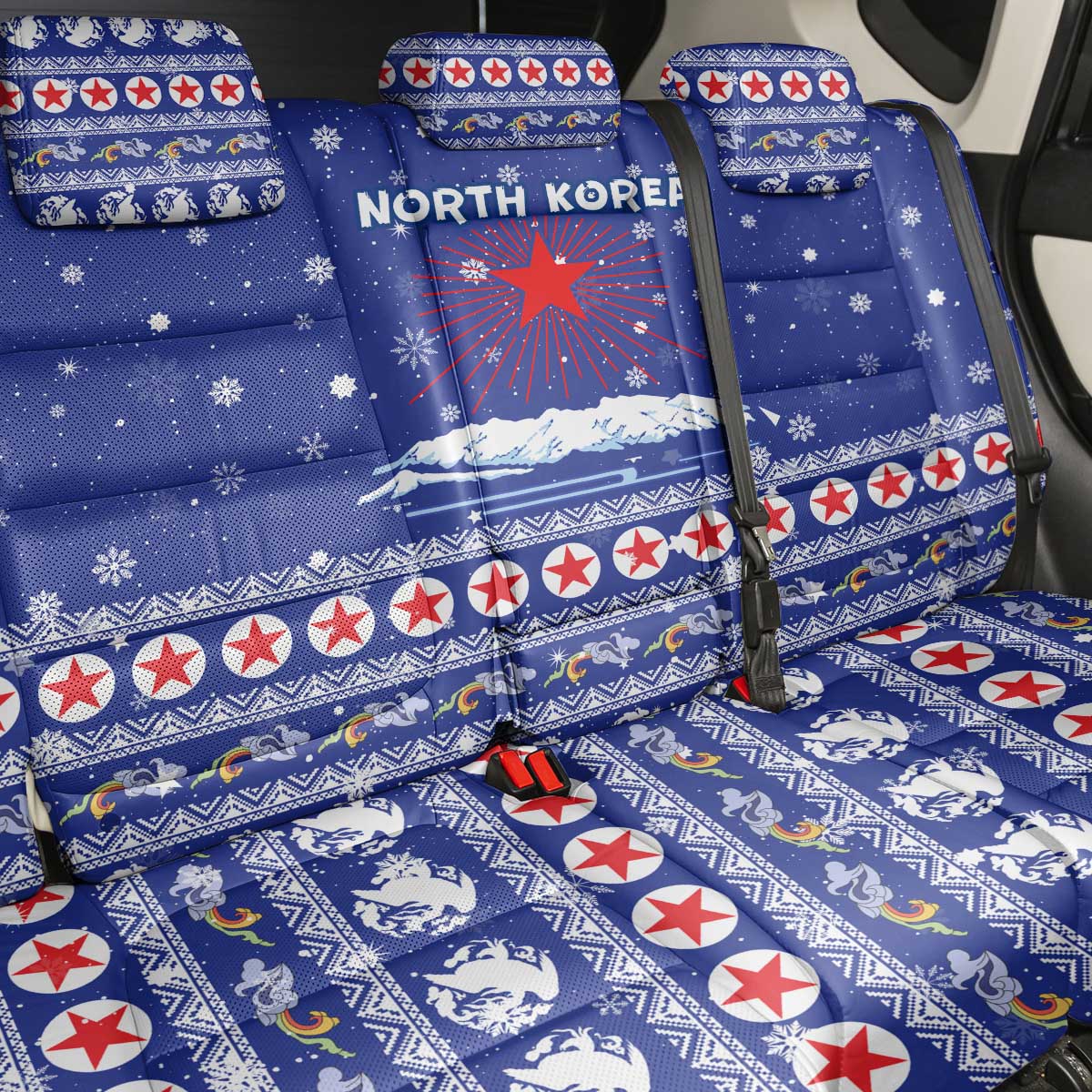 North Korea Christmas Back Car Seat Cover with Blue Pattern, Red Star, and Snowy Mountain Motif - Wonder Print Shop