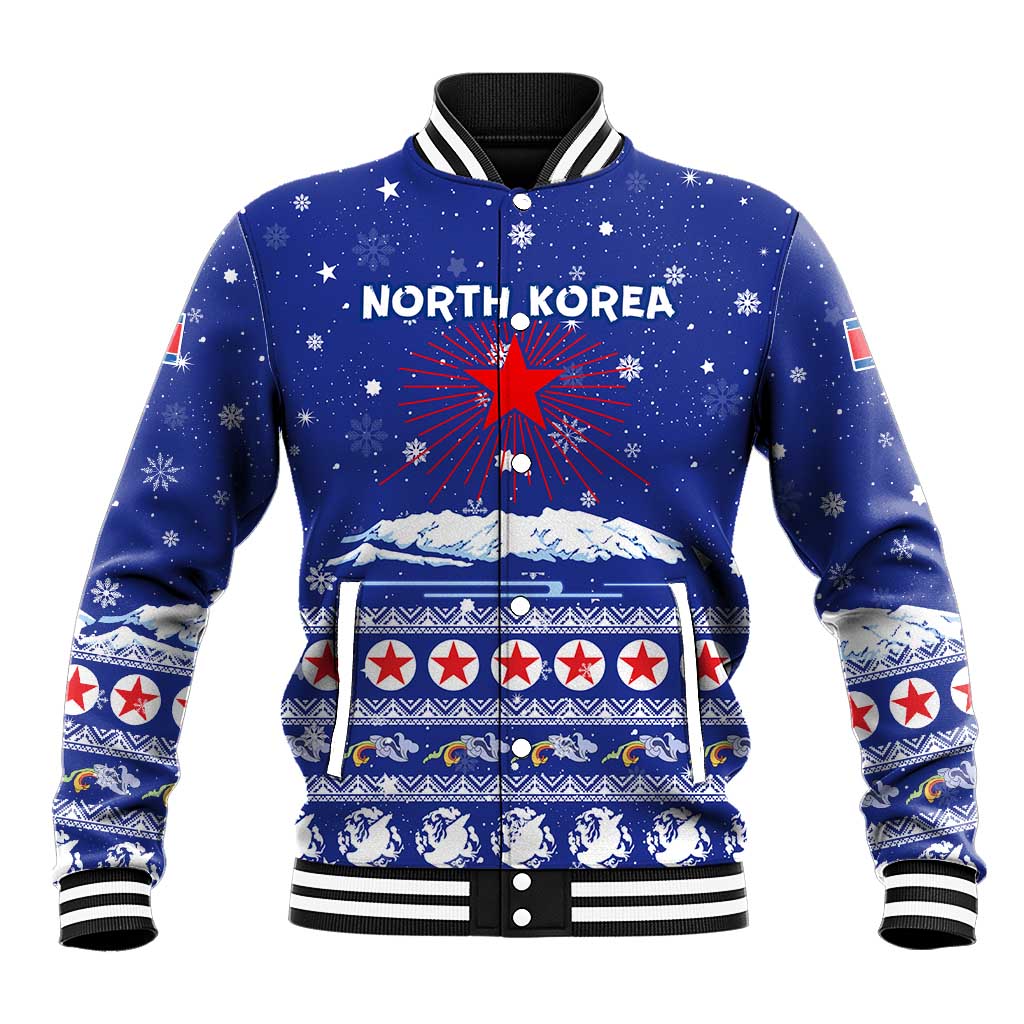 North Korea Christmas Baseball Jacket with Blue Pattern, Red Star, and Snowy Mountain Motif - Wonder Print Shop